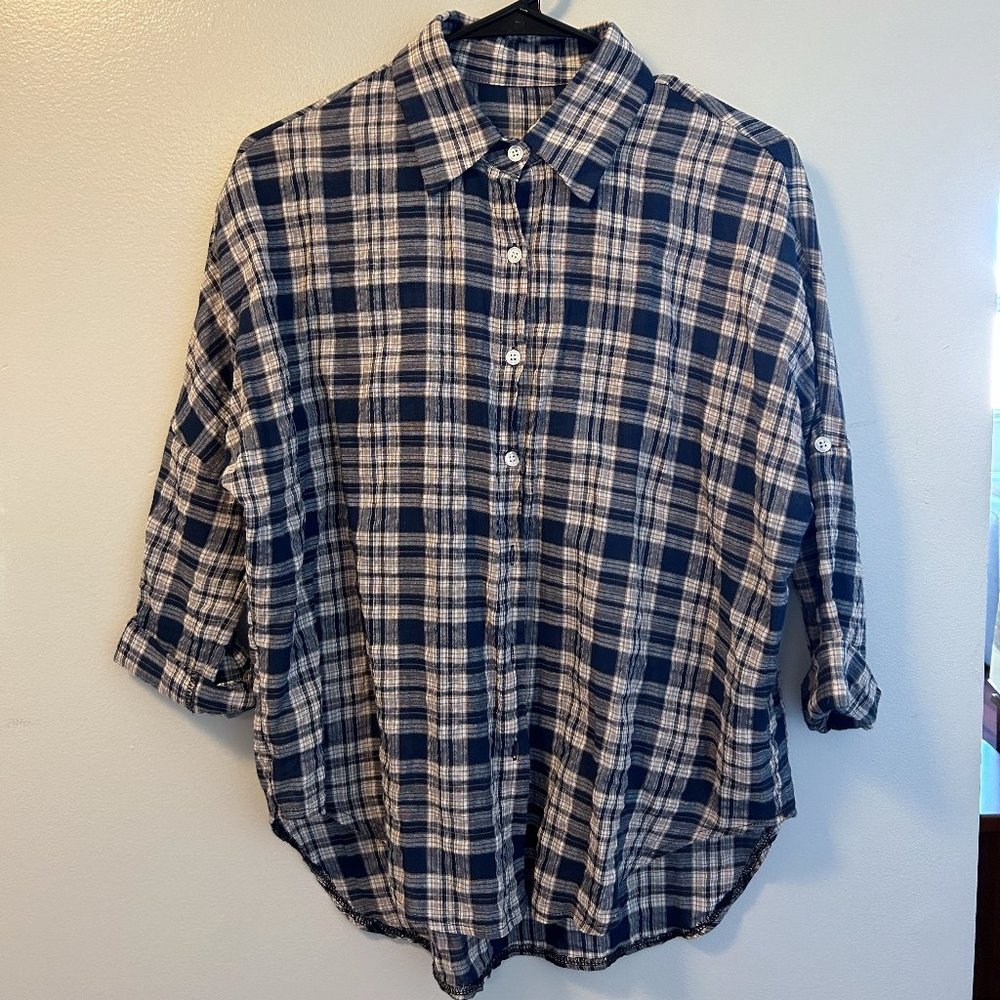 Navy Plaid Flannel Shirt, Size S